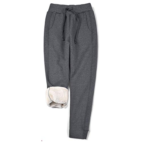 utcoco Women's Athletic Fit Thicked Fuzzy Sherpa Lined Warm Drawstring Tapered Jogger Sweatpant (L, Dark Gray)