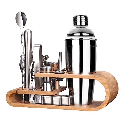 Mixology Bartender Kit, SuperCook Cocktail Shaker Set, Bar Accessories for The Home Bar Set, 25 OZ Martini Shaker, drink shakers cocktail with Bamboo Stand, alcohol mixer shaker set gifts for him