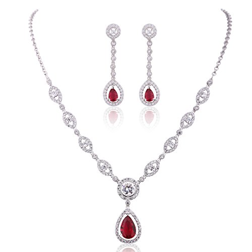 GULICX Silver Plated Base Ruby Color Red Jewelry Set Necklace Earrings Women Wedding Party