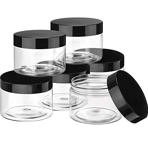 6 Pack Plastic Pot Jars Round Clear Leak Proof Plastic Container Jars with Lid for Travel Storage, Eye Shadow, Nails, Paint, Jewelry (6 oz, Black)