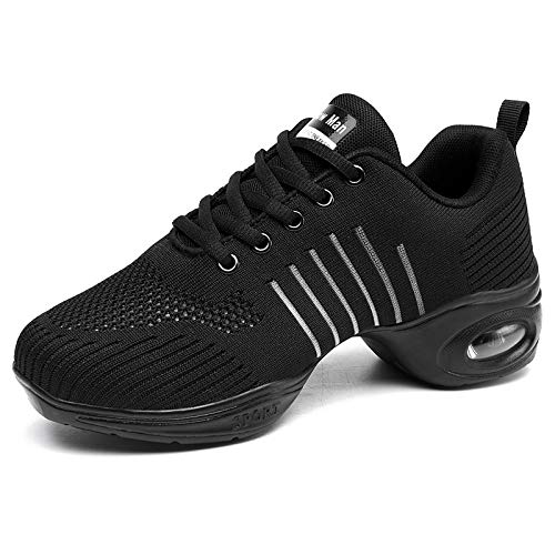 Women's Jazz Shoes Lace-up Sneakers - Breathable Air Cushion Lady Split Sole Dance Zumba Walking Shoes Platform Black,8