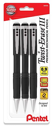 Pentel Mechanical Pencil 0.9 mm Twist Erase III - Twist Up Eraser - Pre-Loaded Super Hi-Polymer HB Lead - Black Barrel - 3-Pack - Thick Point