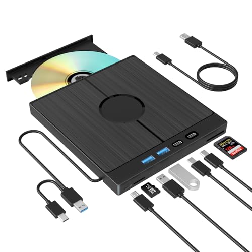 Yaeonku 7 in 1 External Bluray Drive, USB 3.0 Type-C 3D Blu-ray DVD Burner Slim Optical External Bluray DVD Burner with SD/TF Card Slot 2 USB 3.0 Ports 2 Type-C Ports for Laptop PC Windows Linux MacOS