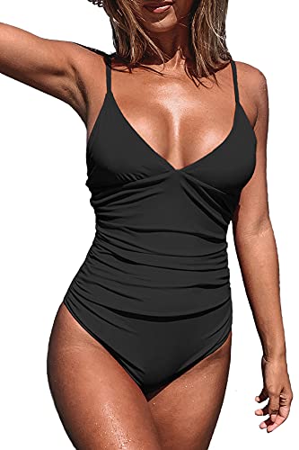 CUPSHE Women's One Piece Swimsuit Tummy Control V Neck Bathing Suits L Black