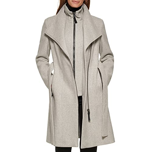 Calvin Klein Women's Angled Twill Fabric Wing Collar Coat, Light Grey, Large