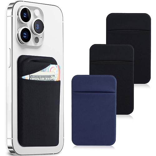 Fulgamo 3Pack Cell Phone Card Holder Pocket for Back of Phone,Stretchy Stick on Wallet Credit Card ID Case Pouch Sleeve Self Adhesive Sticker with Flap for iPhone Samsung Galaxy-2Black+1Navy Blue