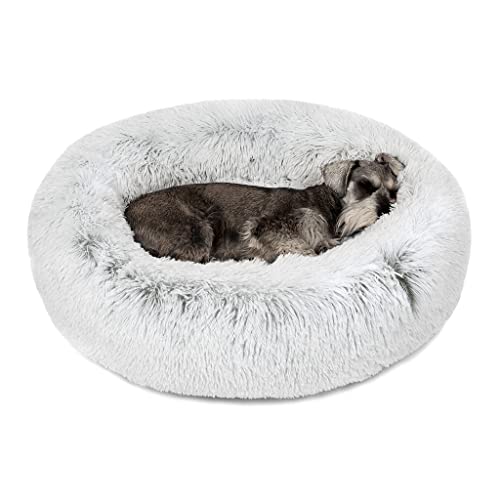 Friends Forever Donut Dog Bed Faux Fur Fluffy Calming Sofa For Medium Dogs, Soft & Plush Anti Anxiety Pet Couch For Dogs, Machine Washable Coco Pet Bed with Non-Slip Bottom, 30'x30'x7' Ivory