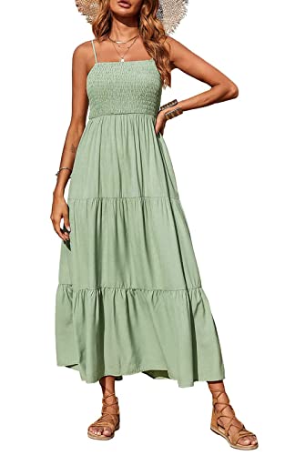 PRETTYGARDEN Women's Summer Maxi Dress 2024 Casual Boho Sleeveless Spaghetti Strap Smocked Tiered Long Beach Sun Dresses (Bean Green,M)