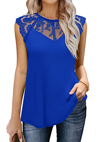 MIHOLL Womens 2024 Summer Casual Dressy Camisole Lace Trim Blouse Tank Tops Cap Sleeve Shirts(Royal Blue,Large)