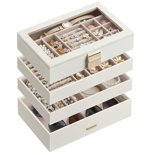 SONGMICS Stackable Jewelry Trays, 4-Tier Jewelry Box, Drawer Jewelry Organizer, with Glass Lid, Removable Dividers, for Vanity Table, 6.7 x 11 x 7.2 Inches, Gift Idea, Cloud White UJBC164W01