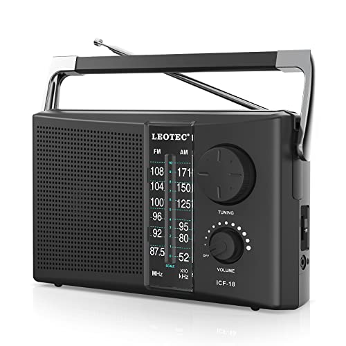 LEOTEC Portable AM FM Radio with Best Reception,Battery Operated or AC Power,Big Speaker,Large Tuning Knob,Clear Dial,Earphone Jack for Gift,Elder,Home Black