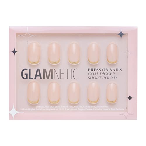 Glamnetic Press On Nails - Goal Digger | Glossy, Semi-Transparent, Short Round Nails, Reusable | 12 Sizes - 30 Nail Kit with Glue