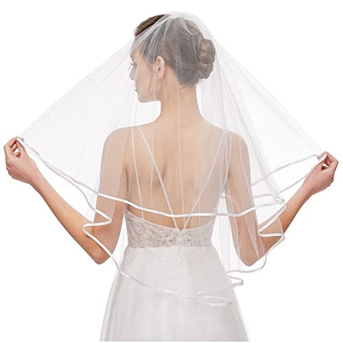 Nanchor Bridal Veil Women's Simple Tulle Short Wedding Veil Ribbon Edge with Comb for Wedding Bachelorette Party (White) …