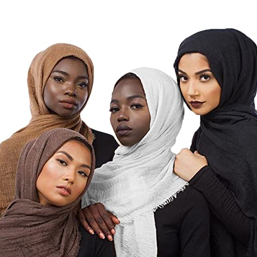 QYMY Hijab Muslim Head Scarf Solid Color Long Cotton Wrap Scarves for Women Fashion L70.7?xW35.4? QY414 (Black+White+Deep coffee+Coffee(4pcs set?))