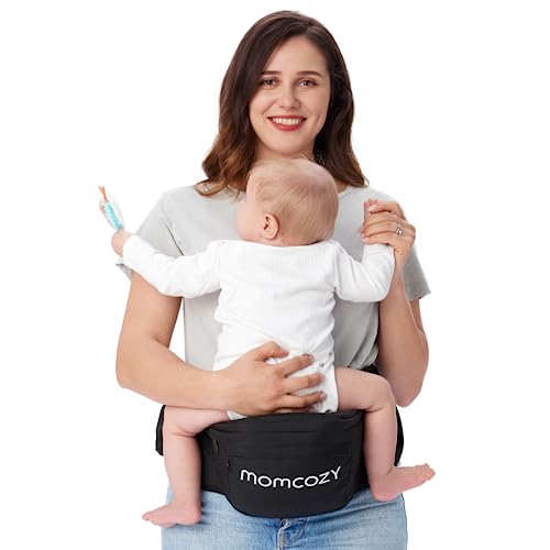 Momcozy Hip Seat Baby Carrier - Adjustable Waistband with Original 3D Belly Protector, Ergonomic Carrier with Various Pockets for Newborns & Toddlers up to 45lbs (Black, Medium)