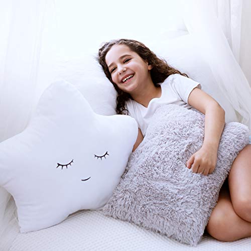 Perfectto Design Set of 2 Decorative Pillows for Girls Toddler Kids Room, White Fluffy Star and Furry Grey, Soft Plush Throw Pillows Bedroom Décor Pillows for Princess Teepee