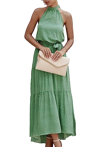 PRETTYGARDEN Women’s Casual Halter Neck Sleeveless Floral Long Maxi Dress Backless Loose Ruffle Sundress with Belt (Green,Medium)
