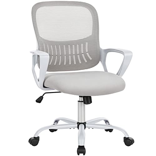 SMUG Office Computer Desk Chair, Ergonomic Mid-Back Mesh Rolling Work Swivel Task Chairs with Wheels, Comfortable Lumbar Support, Comfy Arms for Home, Bedroom, Study, Dorm, Student, Adults, Grey