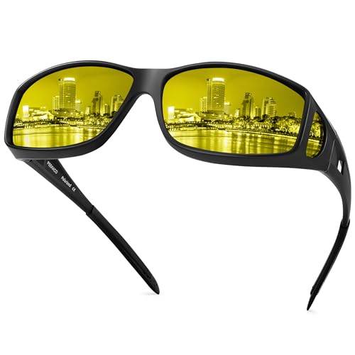 Peekaco Night Vision Driving Glasses Fit Over Prescription Glasses, Wrap Around Nighttime Glasses Anti Glare Polarized