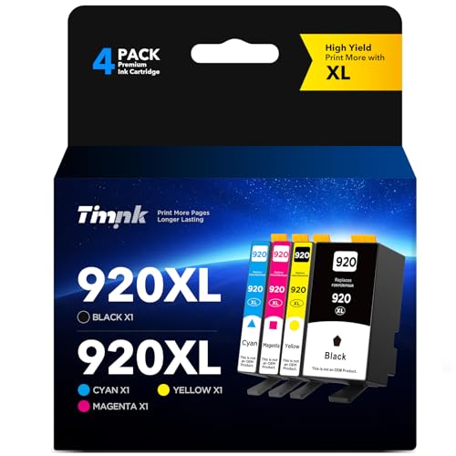 Timink 920XL Ink Cartridge Compatible for HP 920 XL 920 Combo Pack, for Officejet 6500 6500A 6000 7000 7500 7500A E709 Printer (1 Black, 1 Cyan, 1 Magenta, 1 Yellow, 4 XL Pack)