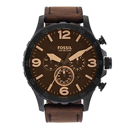 Fossil Men's Nate Quartz Stainless Steel and Leather Chronograph Watch, Color: Black, Dark Brown (Model: JR1487)