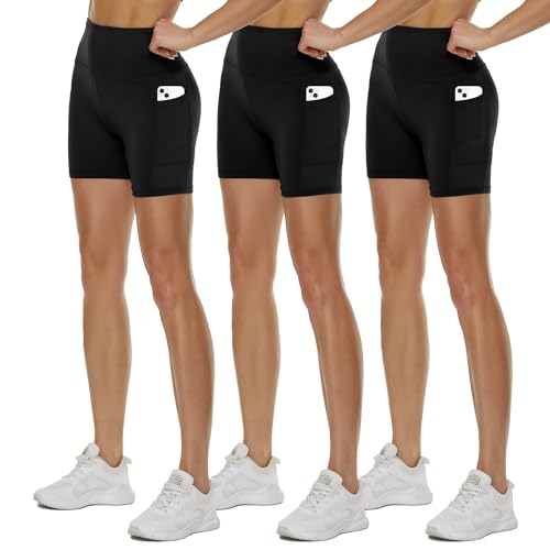 QGGQDD 3 Pack Biker Shorts with Pockets for Women – 5' Black High Waisted Workout Yoga Athletic Shorts for Gym Running