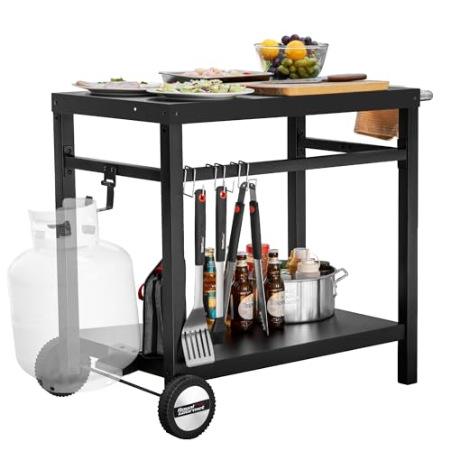 Royal Gourmet Dining Cart Table with Double-Shelf, Movable Steel Flattop Worktable, Hooks, Side Handle, Multifunctional, PC3401B (Black)