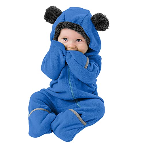 ZHICHUANG Infant Baby Girls Boys Solid Cartoon Fleece Ears Hoodie Romper Clothes Jumpsuit (Blue-b, 12-18 Months)