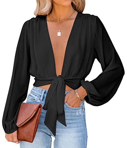 LYANER Women's Deep V Neck Tie Front Knot Long Sleeve Sexy Wrap Crop Top Blouse Solid Black Medium