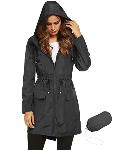 LOMON Womens Lightweight Waterproof Rain Jacket Active Outdoor Hooded Raincoat with Drawstring Belt Black L