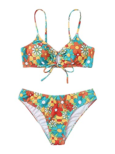 SOLY HUX Women's Spaghetti Strap Floral Print Bikini Bathing Suit 2 Piece Swimsuits Multicoloured Floral XS