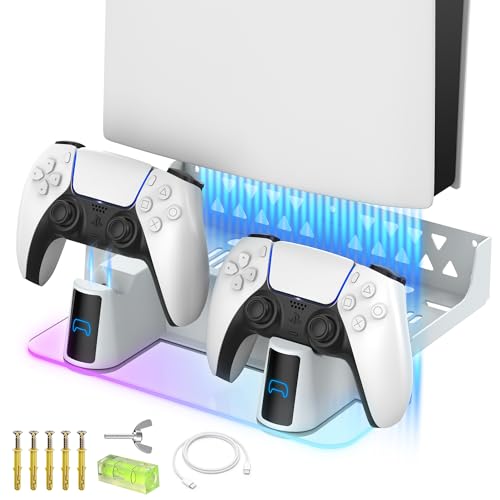 MEQI PS5 Wall Mount Kit Accessories with Charging Station, Metal Wall Hanging Stand with Multi-Mode RGB Light for Playstation 5 / PS5 Slim Console Disc/Digital versions