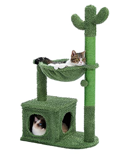 MUTTROS Cactus Cat Tree 40' Cat Tower with Large Metal Carpet Hammock, Cat Scratching Post for Indoor Cats with Condo& Dangling Ball, Green