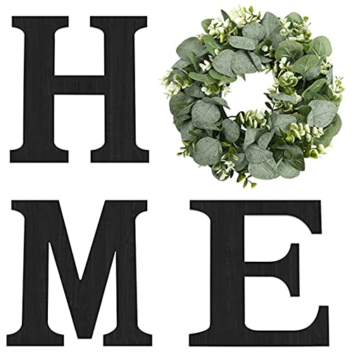 Wood Home Sign with Artificial Eucalyptus Wreath for O, Hanging Farmhouse Wall House Decor Wood Home Letters for Wall Art Rustic Home Decor, Home Wall Decor for Living Room Kitchen Entryway