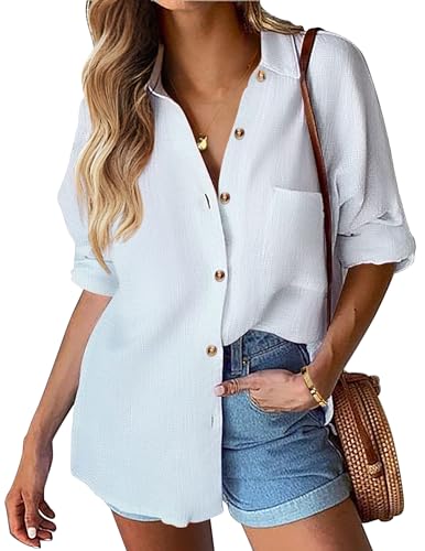 HOTOUCH Womens White Button Down Shirt Casual Long Sleeve Loose Fit Cotton Work Linen Blouse Tops with Pocket White M
