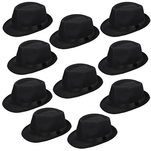 10 Pack 1920s Fedora Hats for Men Short Brim Sun Panama Hats for Men Women Party Costume, Circumference 60 cm (Black)