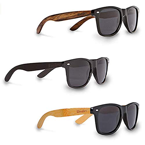 Woodies Three Polarized Sunglasses Bulk | Walnut, Ebony and Bamboo Wood Sunglasses for Men and Women | Black Polarized Lenses | 100% UVA/UVB Ray Protection