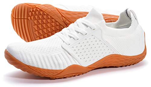 WHITIN Women's Low Zero Drop Shoes Minimalist Barefoot Trail Running Camping Size 7.5-8 Wide Toe Box Lady Fitness Lightweight Sneaker White/Gum 38