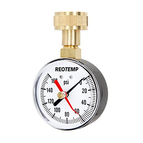 Reotemp PD25H 2.5' Home Water Pressure Test Gauge with Max Pointer, 0-160 PSI, 3/4' Female Garden Hose Thread, Hose Bib Gauge