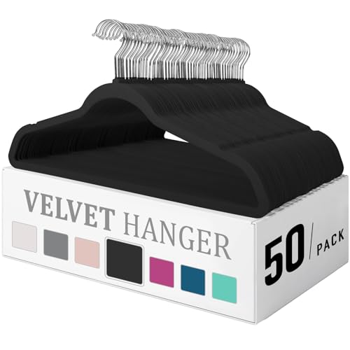 Premium Velvet Hangers 50 Pack, Heavy Duty Study Black Hangers for Coats, Suit & Dress - Non Slip Clothes Hanger Set - Space Saving Felt Hangers for Clothing