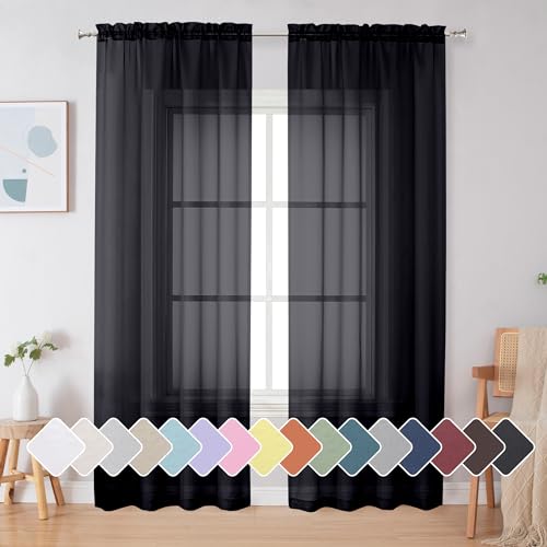 Simplebrand Black Sheer Curtains 84 Inches Long, Light Filtering Rod Pocket Solid Color Window Sheer Curtain Panels, Elegant Curtains & Drapes for Living Room, Bedroom 2 Panels (Black, 42' W x 84' L)