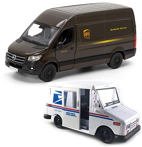 UPS Mercedes-Benz Sprinter +  United States Postal Mail Truck Grumman LLV 5 Inch Die Cast Metal Model Toys SetOf2