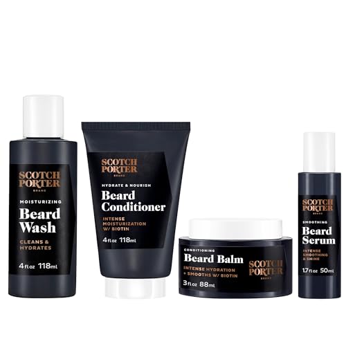 Scotch Porter Beard Kit – Cleanse, Moisturize, Soothe & Style Coarse, Dry Beard Hair while Encouraging Growth for a Fuller/Healthier-Looking Beard – Includes Wash, Conditioner, Serum & Balm