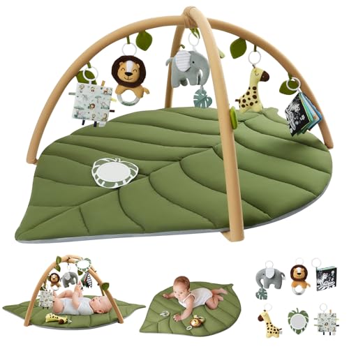 Blissful Diary Baby Play Gym & Activity Mat, Oversize Leaf Shaped Baby Play Mat w 6 Detachable Toys, Tummy Time Mat Promote Motor Skills & Sensory Development Mat, Newborn Infant Baby Essentials Gift