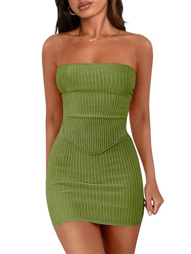 LILLUSORY 2 Piece Outfits for Women Sexy Skirt Matching Set Short Summer Vacation Two Piece Going Out Cruise Body Con Dress Green