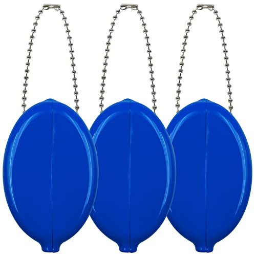 DEEZOMO 3 Pieces Rubber Coin Purse, 2 x 3 Inches Oval Squeeze Coin Holders With Chain for Women Men Travel (Blue 3 pack)