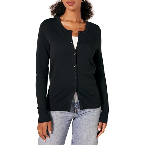 Amazon Essentials Women's Lightweight Crewneck Cardigan Sweater (Available in Plus Size), Black, Medium