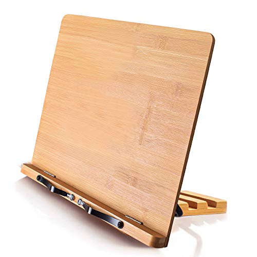 wishacc Bamboo Book Stand Cookbook Holder with 5 Adjustable Height 13.2 x 9.2'
