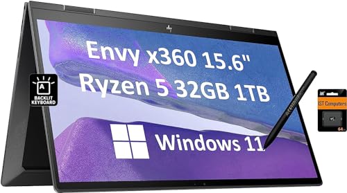 HP Envy X360 15 2-in-1 Touchscreen (Ryzen 5 5625U, 32GB RAM, 1TB SSD, Active Stylus, Laptop Bag) AMD 6-Core(Beat i7-1165G7) 15.6' FHD Convertible Laptop, Backlit, Pen, Alexa, Windows 11 Home - 2022