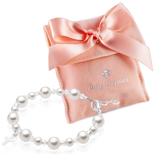 Baby Crystals Pearl Bracelets for Girls, Sterling Silver Cross Charm, Baptism Gifts for Girl, Girls Bracelet with European Crystals and simulated White Pearls, Girls Jewelry Birthday Gift